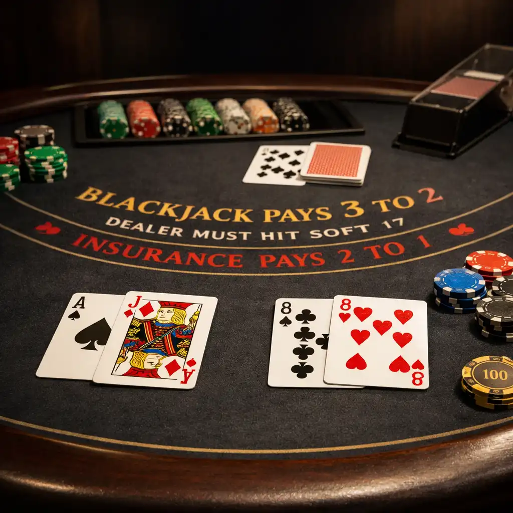 Blackjack asztal közelről, kártyákkal és zsetonokkal