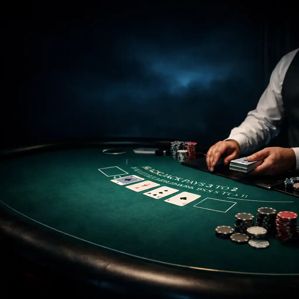 Elegáns blackjack asztal mélykék, prémium kaszinó környezetben