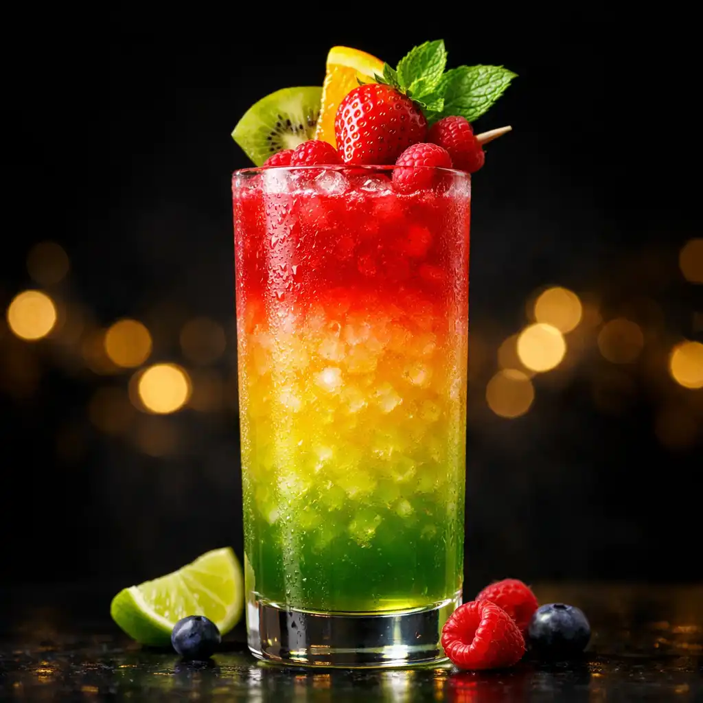 Elegáns alkoholmentes koktél magas pohárban, friss gyümölcs díszítéssel, sötét háttér előtt